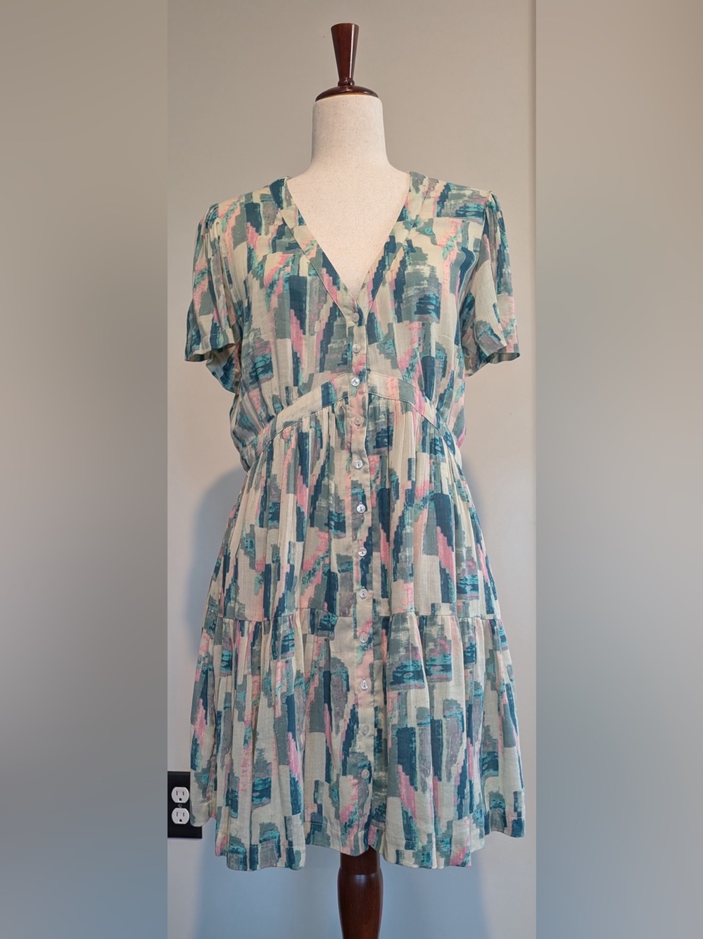 ba&sh Talita V-Neck Button Up Abstract-Print Midi Dress Women’s Multicolor Sz 6